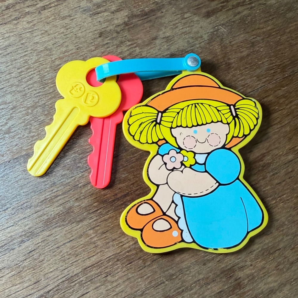 Vintage Fisher Price Baby Toy Keys Girl Character Blue Dress Yellow Red 80s USA